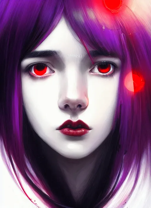 Prompt: portrait of teenage girl, red irises, red eyes, black hair, black and white hair, white bangs, purple clothes, white bangs, bangs, black hair and white bangs, intricate, elegant, glowing lights, highly detailed, digital painting, artstation, concept art, smooth, sharp focus, illustration, art by wlop, mars ravelo and greg rutkowski