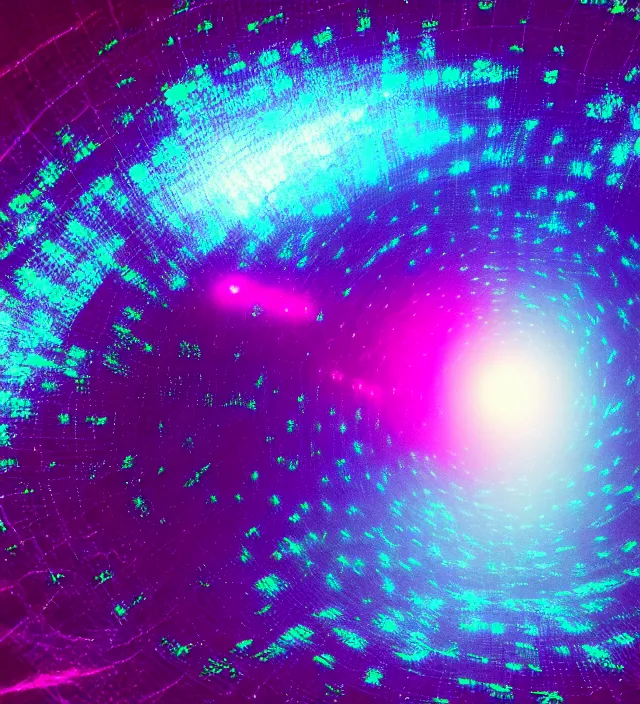 Image similar to an iridescent wormhole wireframe absorbing a galaxy, dark synthwave, aesthetic mood, vintage, sci - fi, 4 k