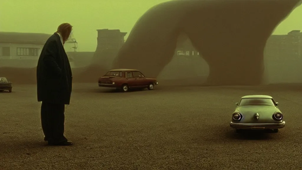 Image similar to the strange creature sells a used car, film still from the movie directed by denis villeneuve and david cronenberg with art direction by salvador dali and zdzisław beksinski, wide lens