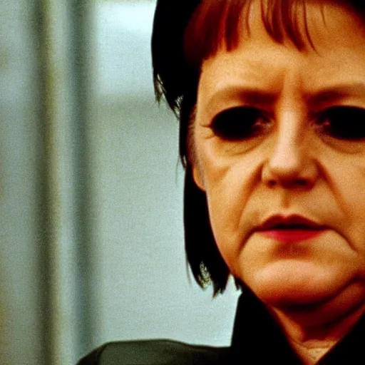 Prompt: Angela Merkel as Neo or Morpheus, in the movie The matrix, 1999. Cinematic. Movie footage.