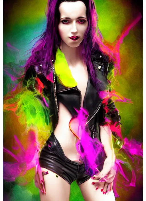 Image similar to a photo of 8 k ultra realistic a black haired female in high heels and a black leather jacket, pink, purple, green, yelow, red, blue, white neon, art by lise deharme