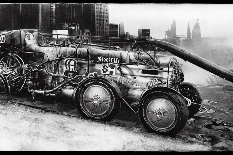 Image similar to cyberpunk 1 9 0 3 stanley steamer racecar by paul lehr, metropolis, view over city, vintage film photo, damaged photo, scratched photo, scanned in, old photobook, silent movie, black and white photo