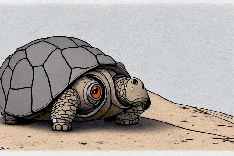 Image similar to a study of a cell shaded cartoon of a grey mechanized tortoise from howl's moving castle ( 2 0 0 4 ), on a desert road, full body, wide shot, very muted colors, post grunge, studio ghibli, laurie greasley, highly detailed, deviantart, art by artgem