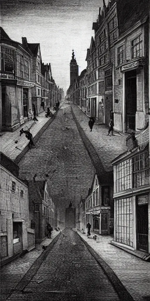 Prompt: shallow street in london 1 6 5 0, so many thrash, german expressionism, black and white, photorealistic style, scretch, dust, grain, creepy