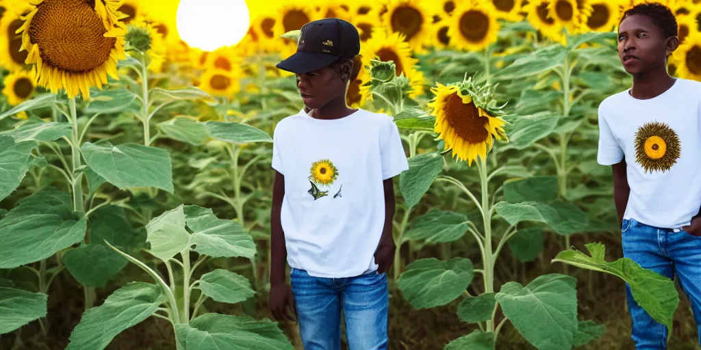 Image similar to a black boy with white t - shirt and green jeans and a green cap standing in a sunflower field with bees flying around him while sun is setting in the background, professional photography