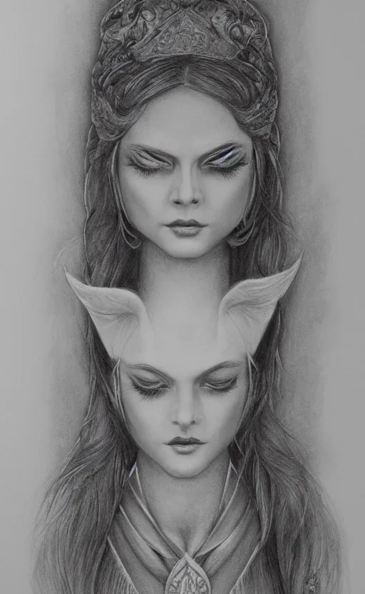 Prompt: the high priestess, by stephanie law, black and white graphite drawing, smooth render, 3 / 4 view
