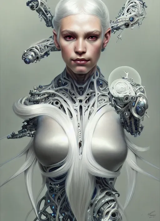 Prompt: organic cyborg, white hair, diffuse lighting, fantasy, intricate, elegant, highly detailed, lifelike, photorealistic, digital painting, artstation, illustration, concept art, smooth, sharp focus, art by John Collier and Albert Aublet and Krenz Cushart and Artem Demura and Alphonse Mucha