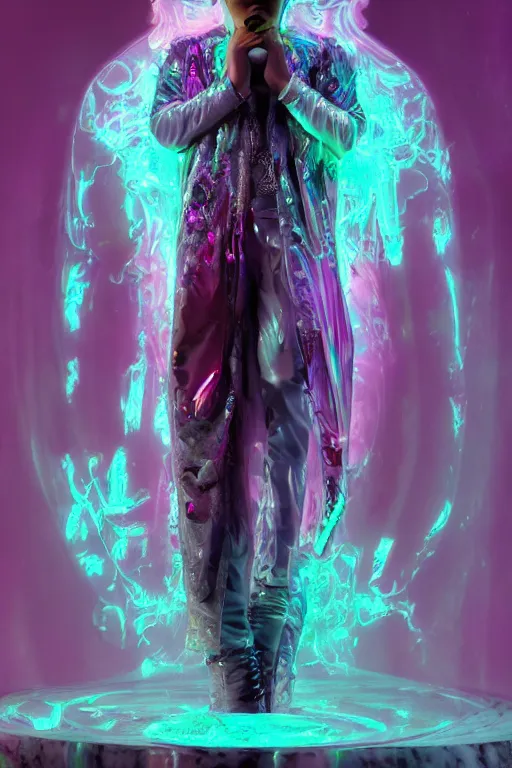 Prompt: photo of fullbody rococo and cyberpunk delicate neon crystalline sculpture of handsome muscular onyx albino marble prince joe jonas as an mint iridescent humanoid deity wearing pink plastic hooded cloak holding an onyx skull in a onyx space dungeon, reclining, glowing yellow face, crown of white diamonds, cinematic lighting, photorealistic, octane render, 8 k, depth of field, 3 d