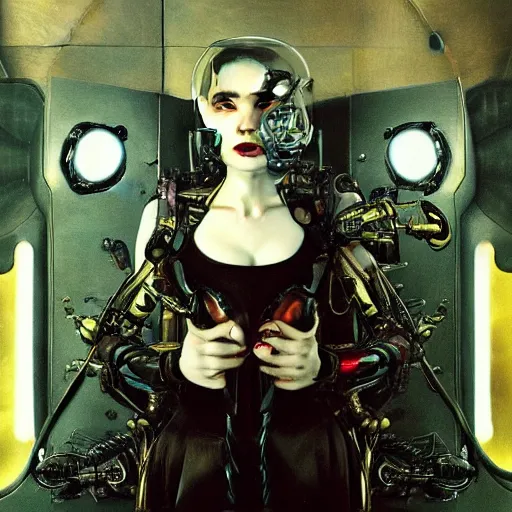 Prompt: album cover of Grimes as an evil robot cyborg character in a romantic pre-raphaelite style by dante