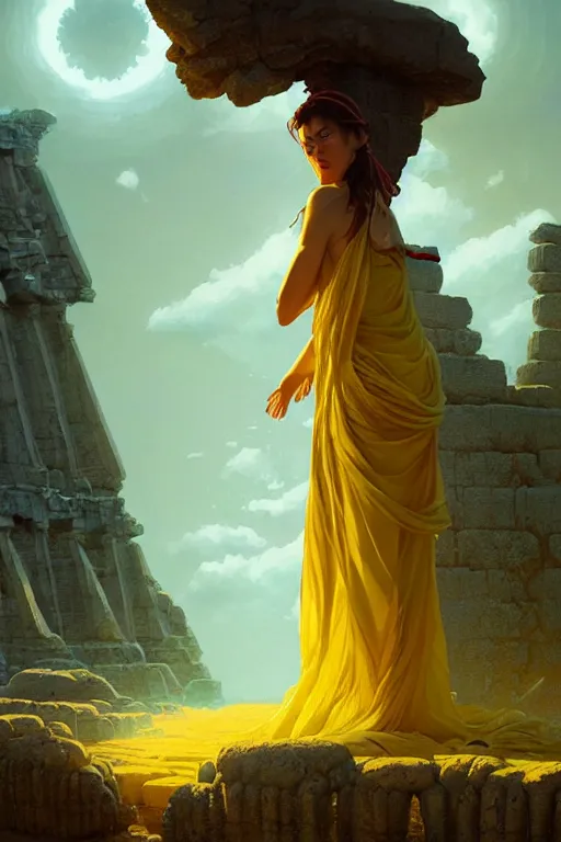 Prompt: possessed woman wearing an ancient greek tunic made of yellow paper, stephen bliss, fantasy art by greg rutkowski, rhads, ferdinand knab, makoto shinkai and lois van baarle, ilya kuvshinov, rossdraws, tom bagshaw, global illumination, radiant light, ancient greek temple ruins, green blue color theme