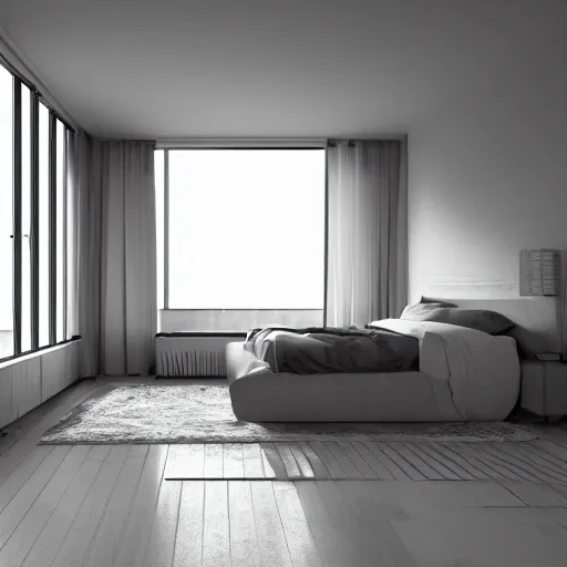 Image similar to brutalist bedroom, big windows, minimalist architecture, minimalist furniture, octane render, high quality, 8 k, post production