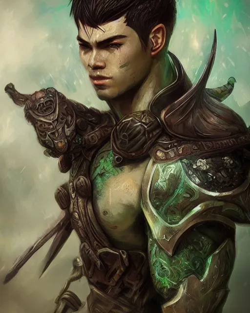 Prompt: portrait of a male warrior, fierce, masculine, ross tran, green - eyes, muted colors, highly detailed sculpture, intricate detailed, ommatidia, 8 k, cinematic atmosphere