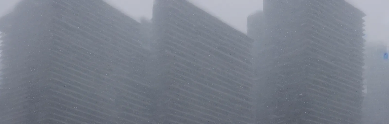 Prompt: snow falling on complex, geometric brutalist high rise buildings designed by lebbeus woods, fragmented architecture, diagonal shapes, complex ramps, balconies, stairways, sharp focus, clear focus, beautiful, award winning architecture, le corbusier, frank lloyd wright, snow, fog, mist, hopeful, quiet, calm, serene