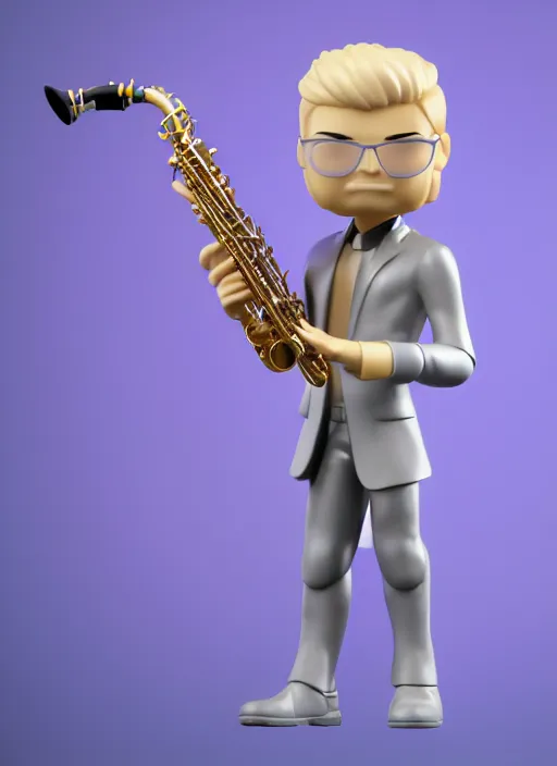 Prompt: full body 3d render of blond futuristic man playing sax as a funko pop!, studio lighting, grey background, single body, no shadow, blender, trending on artstation, 8k, highly detailed