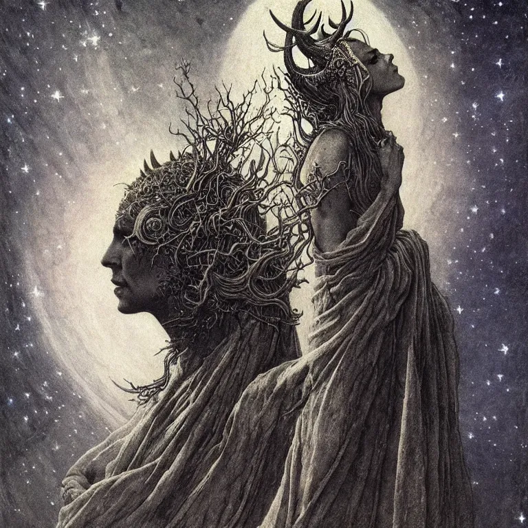 Prompt: A detailed horned many-faced goddess stands among the cosmos. Wearing a ripped mantle-robe in cosmic texture. Perfect faces, extremely high details, realistic, fantasy art, solo, masterpiece, art by Zdzisław Beksiński, Arthur Rackham, Dariusz Zawadzki