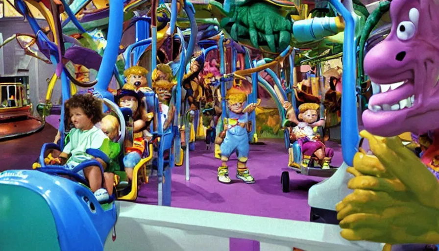 Prompt: 1990s photo of inside the Rugrats show ride at Universal Studios in Orlando, Florida, children riding in baby walkers battling Reptar, cinematic, UHD