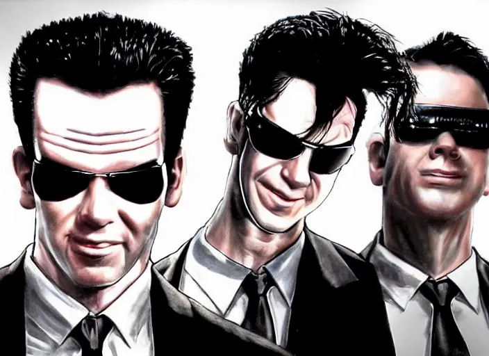 Image similar to portrait of tommy tallarico dressed as agent smith from the matrix surrounded by multiple tommy tallarico dressed as agent smith from the matrix with matrix filter