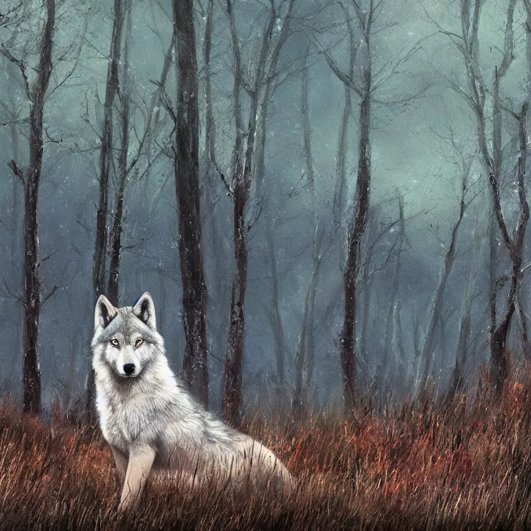 Image similar to Majestic wolf on the heath. Rough brushstrokes. Beautiful detailed scene. Interesting natural colour scheme. Beautiful artistic digital painting by Lurid (2022)