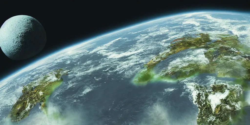Image similar to Atomic bomb dropping onto a green planet, highly detailed, UHD