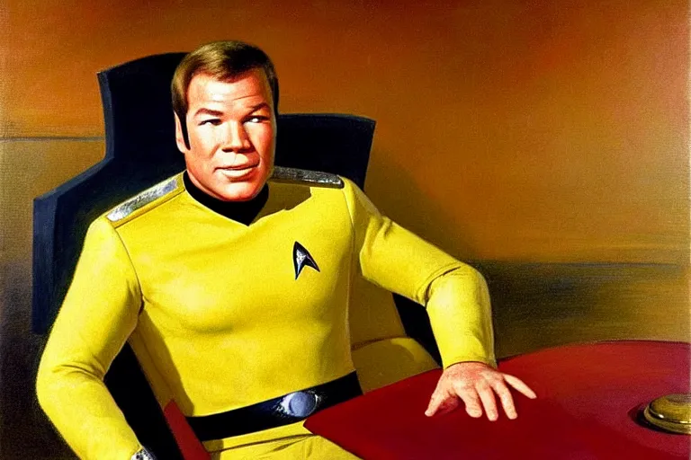 Image similar to young captain kirk ( william shatner ), the handsome captain from star trek, in his gold uniform, sitting in the captain ’ s chair on the bridge of the starship enterprise. he looks smug. oil painting in the style of edward hopper and ilya repin gaston bussiere, craig mullins. warm colors. detailed and hyperrealistic.