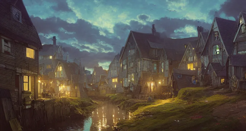 Image similar to highly detailed victorian cornish fishing village, stephen bliss, unreal engine, greg rutkowski, loish, rhads, beeple, makoto shinkai and lois van baarle, ilya kuvshinov, rossdraws, tom bagshaw, tom whalen, alphonse mucha, global illumination, god rays, detailed and intricate environment