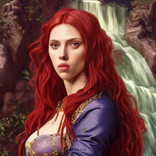 Image similar to a highly detailed byzantine painting of scarlett johansson as a red haired vampire sorceress, walking through a waterfall in a gossamer purple dress, epic fantasy, viewed in profile from far away, ultrawide lens, art by artgerm and greg rutkowski and alphonse mucha, volumetric lighting, 4 k resolution, trending on artstation, masterpiece