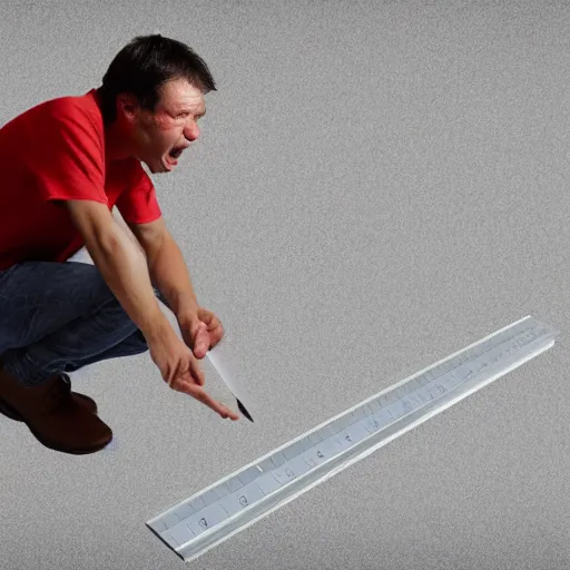 Prompt: crying man pointing at a ruler, high resolution photo