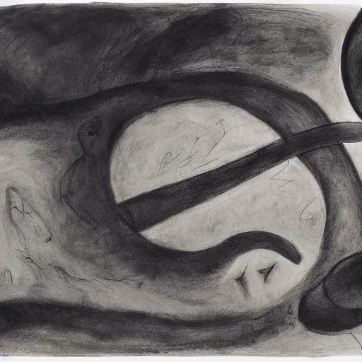 Image similar to russian hyperrealistic inferno land cone cougar graphite guitar chinon , by Pablo Picaso and Marc Chagall and Mark Rothko , panorama , charcoal drawing , National Geographic photo