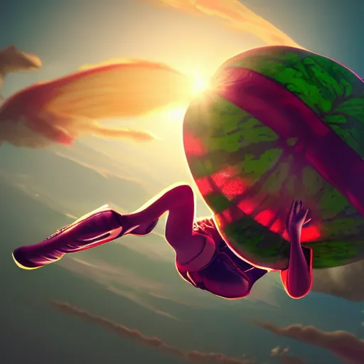 Image similar to A watermelon skydiving from a plane, dynamic lighting, cinematic, ultra detailed, trending on art station