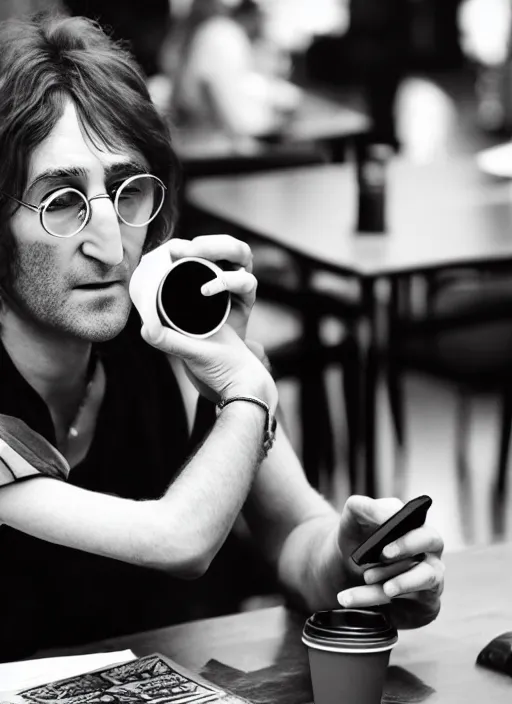 Image similar to john lennon sitting inside a starbucks and taking a picture of his drink cup with his iphone 1 2, black and white photo, real, photorealistic