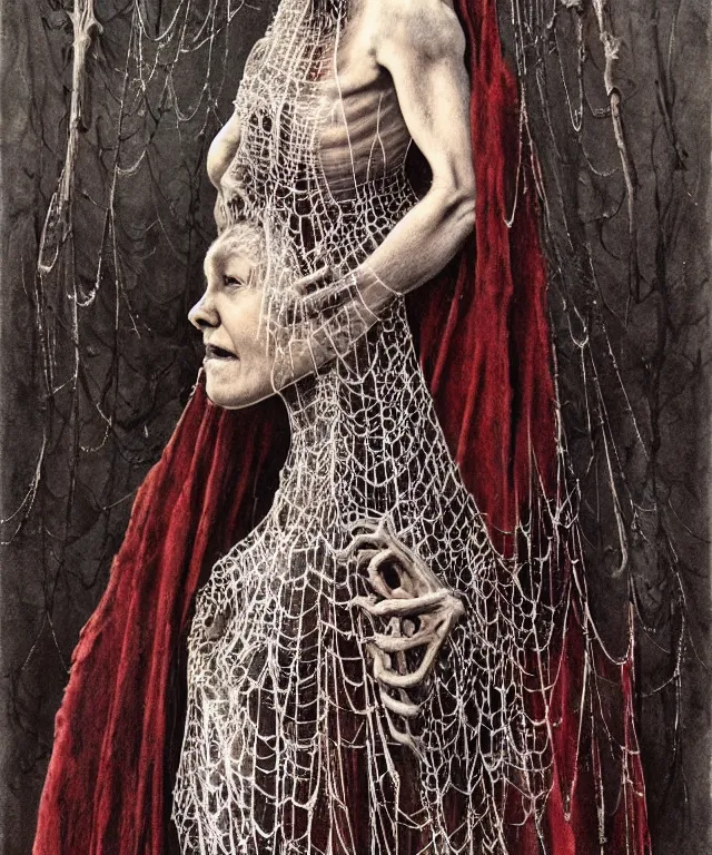 Image similar to a detailed creepy woman with many spider joints stands among the hills. wearing a ripped mantle, robe. perfect faces, extremely high details, realistic, fantasy art, solo, masterpiece, art by hermann nitsch, zdzislaw beksinski, dariusz zawadzki, giger, dragan bibin, ed binkley