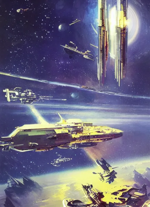 Image similar to spacious bg. minimalistic piece. simplified environment. lonely cosmos. single ship as main subject. masterpiece book cover illustration by the great famous sci - fi artist john berkey.