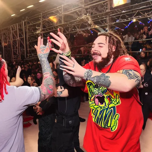 Prompt: post Malone high fives the Kool-aid man