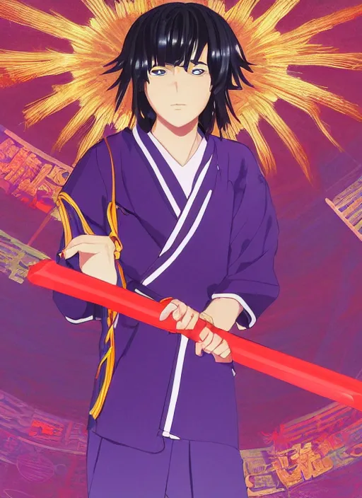 Image similar to teenager boy with straight indigo hair, purple eyes with red eye markers, slim body, wearing a detailed Japanese kimono with golden armpieces, holding a pair of fans. rich vivid colors, ambient lighting, dynamic lighting, 4k, official media, anime key visual, makoto shinkai, ilya kuvshinov, lois van baarle, rossdraws, detailed, trending on artstation