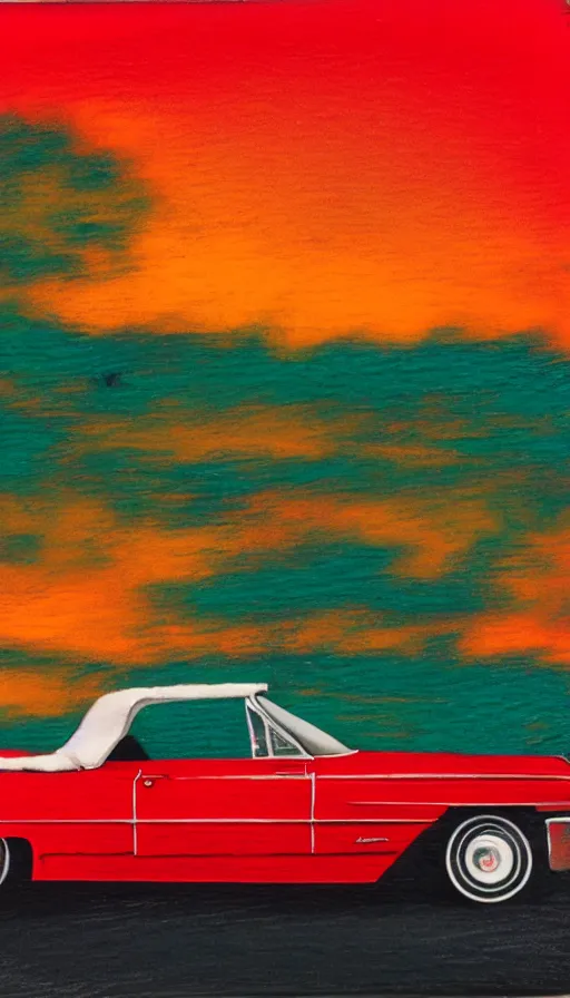 Image similar to polaroid of a 1 9 6 3 red cadillac convertible in the distance driving down empty highway into an orange sunrise, oil pastel, high detail, realistic, vintage, surrealcore, 4 k