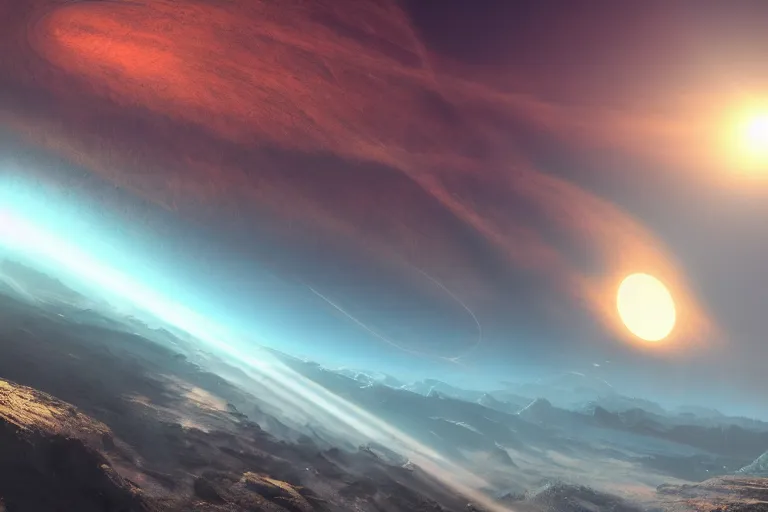 Image similar to beautiful alien planets in the sky, concept art trending on artstation, volumetric lighting, 8k