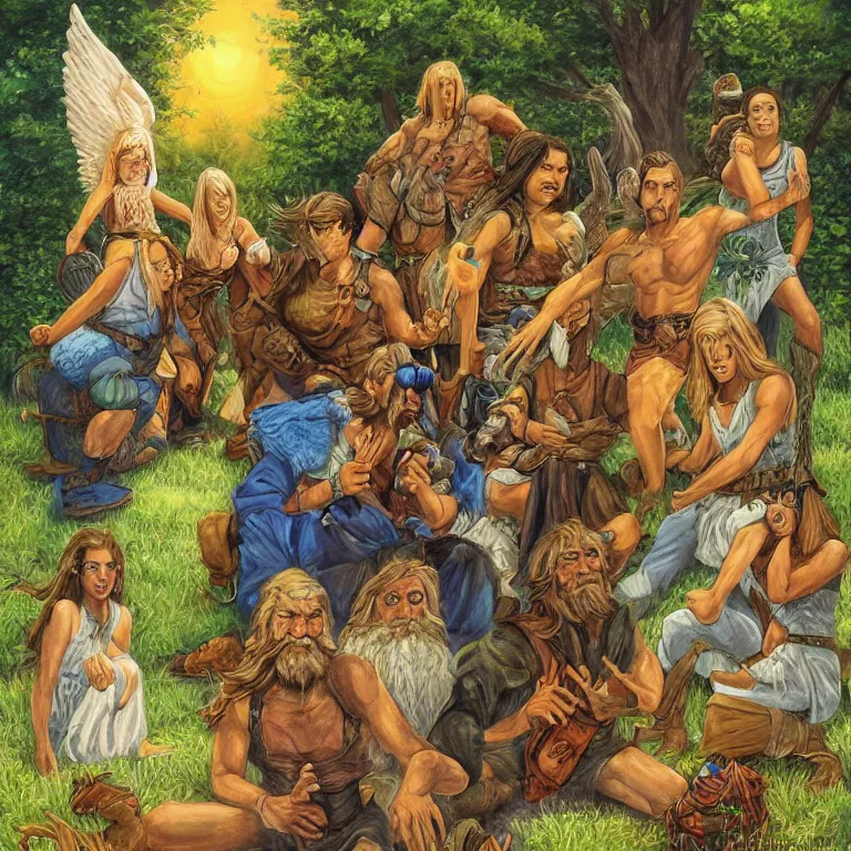 Prompt: a beautiful painting in the style of larry elmore of a stone man with his mystical friends at summer camp