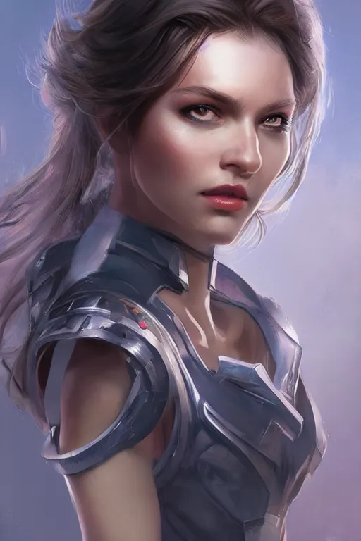 Image similar to three quarters portrait of a beautiful woman,super hero costume,heroic pose,highly detailed, digital painting,illustration, art by Stanley Lau