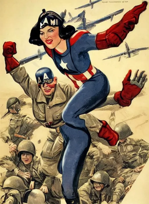 Image similar to beautiful female captain america standing on a pile of defeated german soldiers. feminist captain america wins wwii. boot on hitler's head. american wwii propaganda poster by james gurney