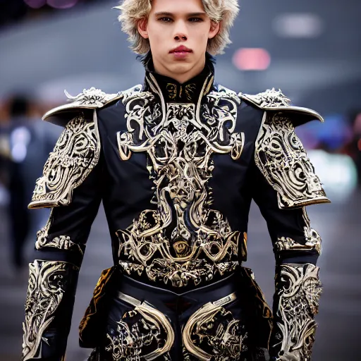Prompt: Austin Butler dressed in futuristic-baroque duelist-garb and battle armor, standing in an arena, XF IQ4, f/1.4, ISO 200, 1/160s, 8K, RAW, unedited, symmetrical balance, in-frame