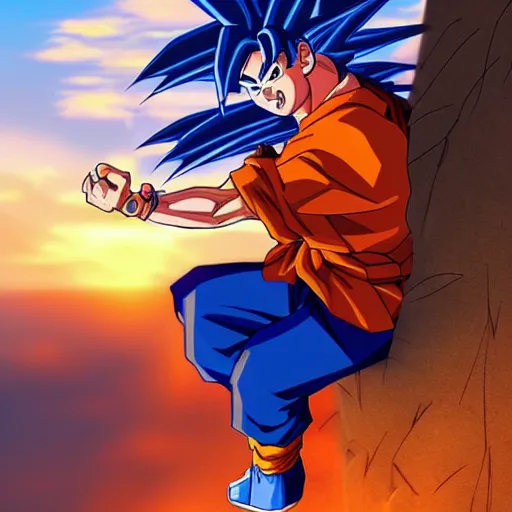 Prompt: Goku watching the sunset from a mountain, digital art, illustration, trending on artstation, well detailed, HDR