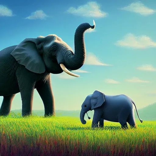 Prompt: an elephant on a green meadow art by Goro Fujita