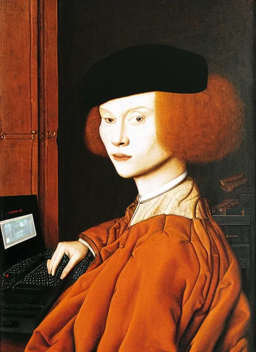 Image similar to a portrait of a person jacked into their cyberdeck by Jan van Eyck