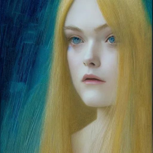 Prompt: professional painting of Elle Fanning in Ghost in the Shell in the style of Jean Delville, head and shoulders portrait, symmetrical facial features, smooth, sharp focus, illustration, intricate, stormy weather, extremely detailed masterpiece,