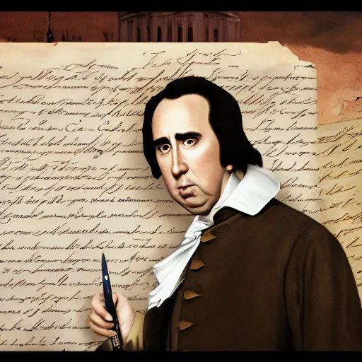 Prompt: Nick Cage signing the declaration of independence, 4k photograph