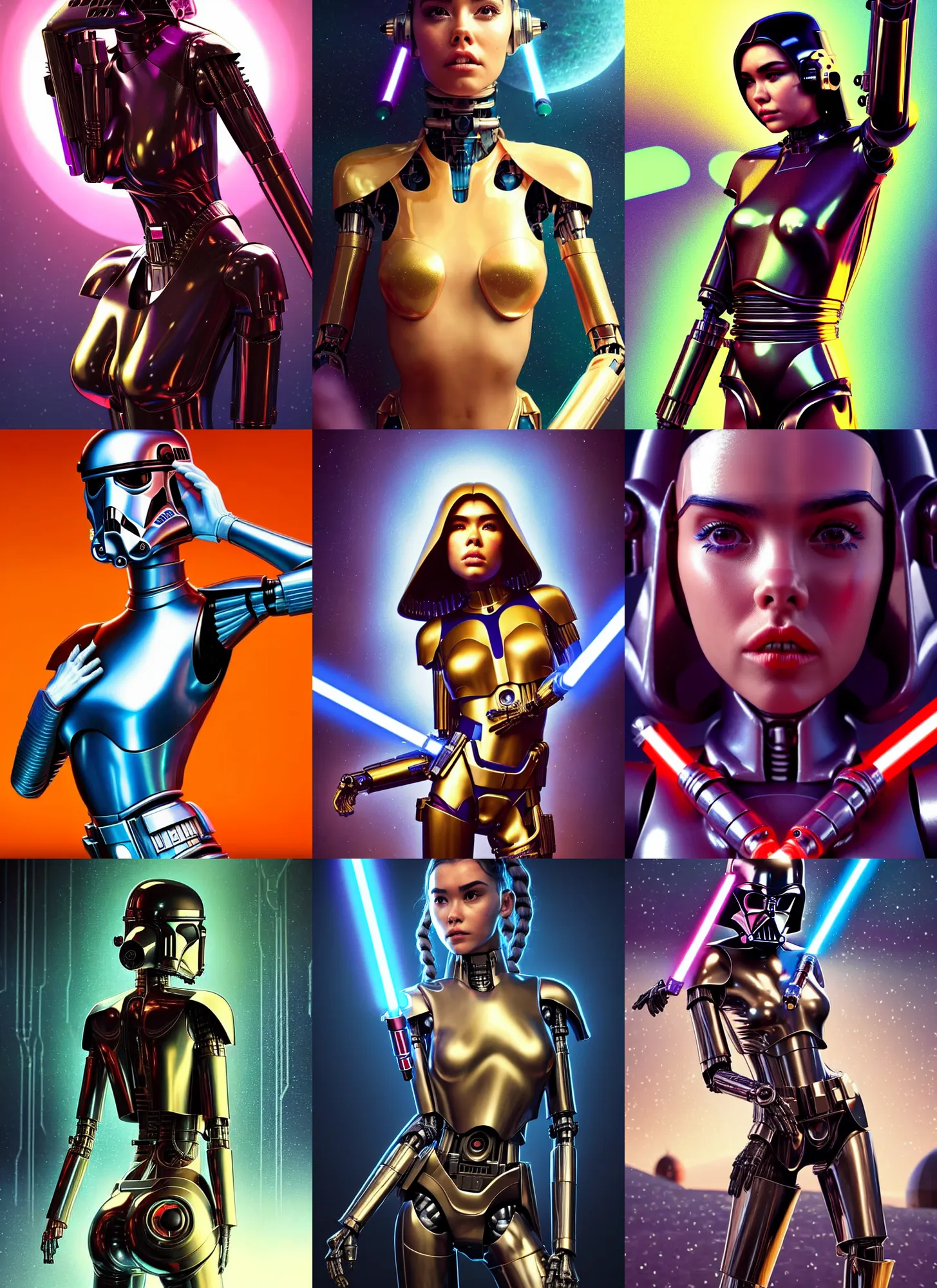 Prompt: polished wet lush star wars edm cyborg woman : : madison beer : : weta disney pixar movie still photo : : hi - fructose, sci fi, obsidian accents, decadent highly - detailed digital painting, golden ratio, octane render, artstation, smooth, sharp focus, beeple, artgerm mucha, loish, wlop : :