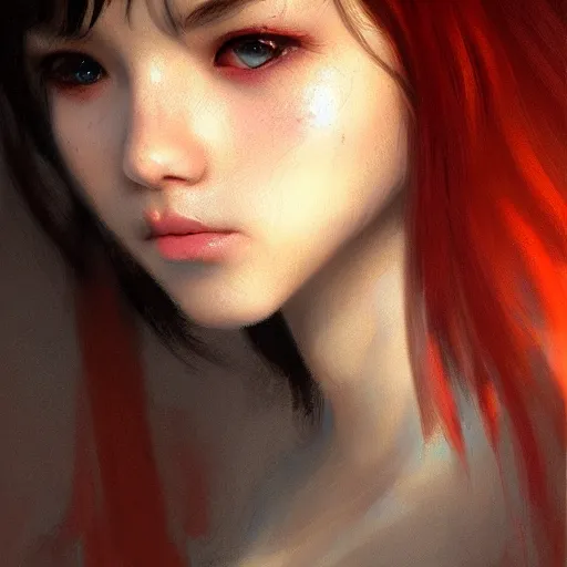 Image similar to a cute girl by ruan jia, 8 k, closeup headshot, smooth, trending on artstation, black long hair, black eyes, movie poster style