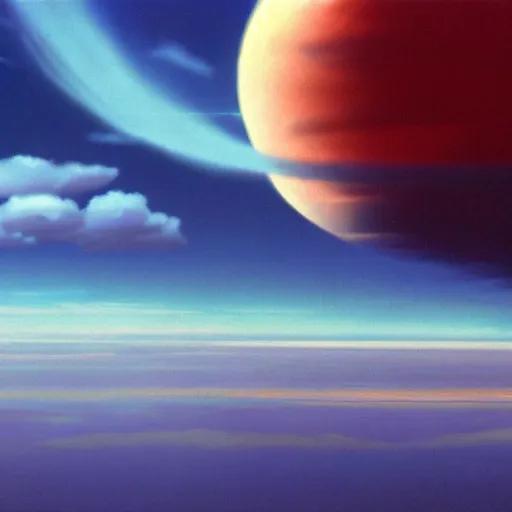 Image similar to beautiful matte painting of a dreamy ocean with clouds, sci - fi, daylight, blue sky, cinematic lighting, cinematic perspective, planet above, syd mead, john harris, federico pelat, detailed, 4 k, hd