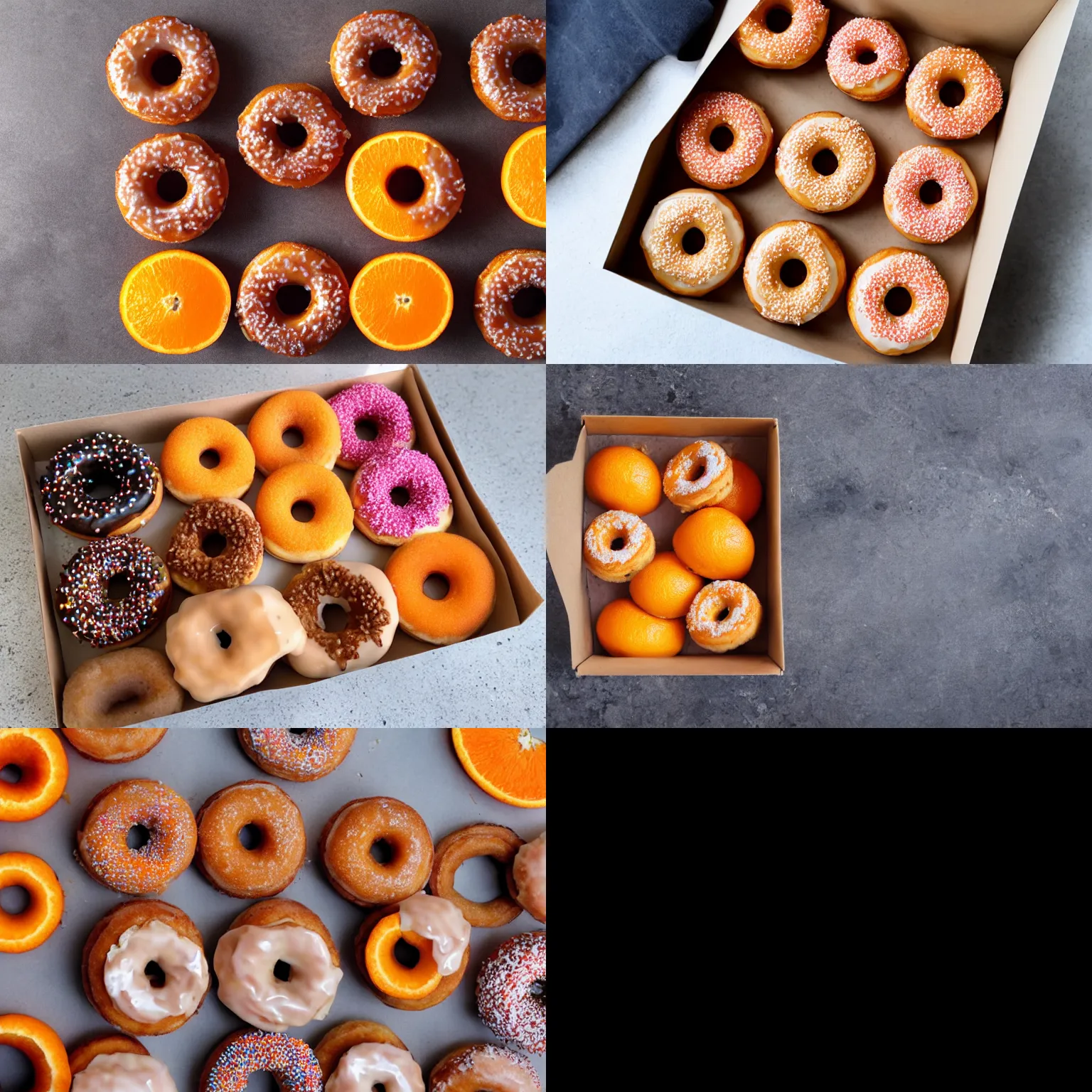 Prompt: A box of orange (fruit) styled donuts, 8k quality, high quality