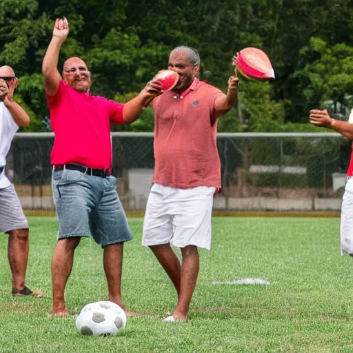 Prompt: an Award winning 4K photo of Politicians playing football with a watermelon.